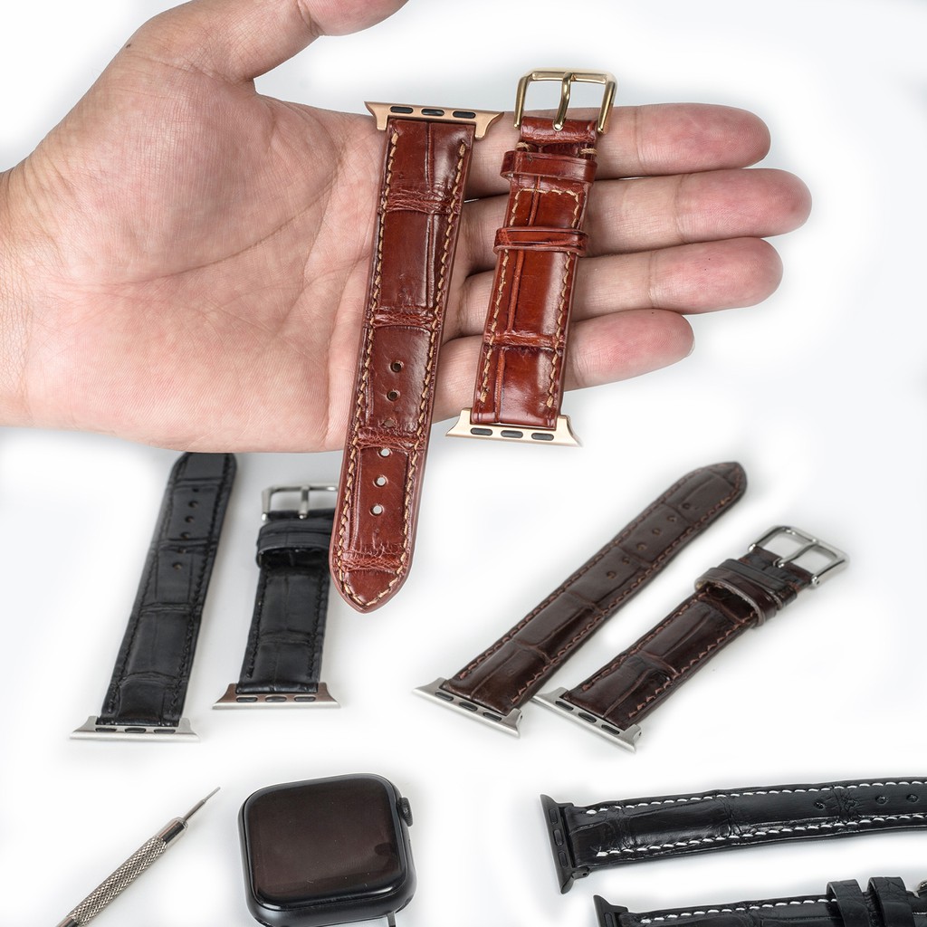 Dây apple watch da cá sấu đốt tre-khâu tay thủ công D108- dây apple watch series 3 series 4 series 5-Bụi leather