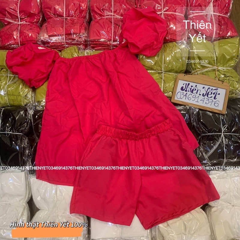 Sét bộ áo bẹt vai tay phồng quần đùi lưng chun màu Hồng sen