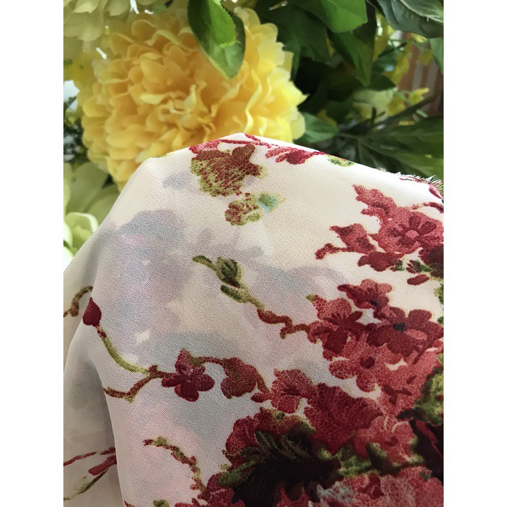 Vải Voan Kem Hoa Đỏ Đẹp Chất Lượng - Chất Mềm Rũ May Áo Dài, May Váy Đầm, Bà Ba, Áo Kiểu