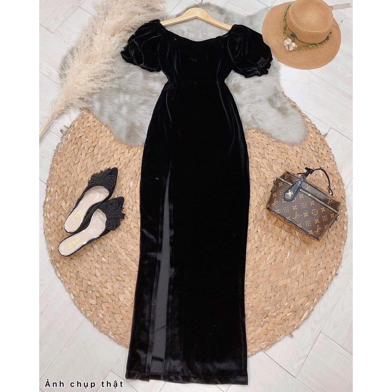 Đầm maxi nhung xẻ đùi tay phồng kèm hình thật | BigBuy360 - bigbuy360.vn