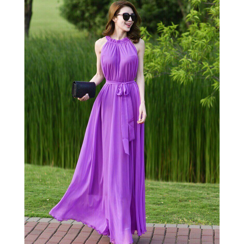 Đầm maxi cổ yếm eo thắt dây nơ MLXL [Kèm ảnh thật]