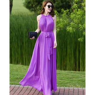 Đầm maxi cổ yếm eo thắt dây nơ MLXL