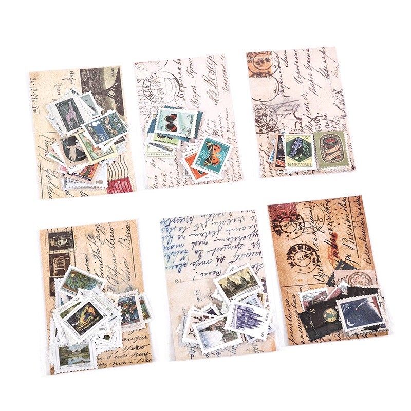 Set 46 sticker hình dán tem bưu điện post office stamp vintage retro junk journal