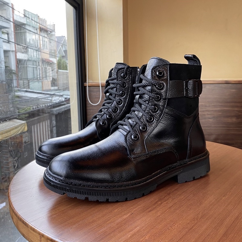 Giày boot nam cao cổ Chunky Zip da bò thật TEFOSS HT789 khoá kéo, buộc dây size 38-45 tăng cao 5cm thời trang,đế khâu