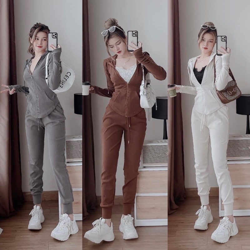Set bộ đồ nữ thun gân dài tay thể thao, năng động dành cho các nàng đi chơi siêu xinh