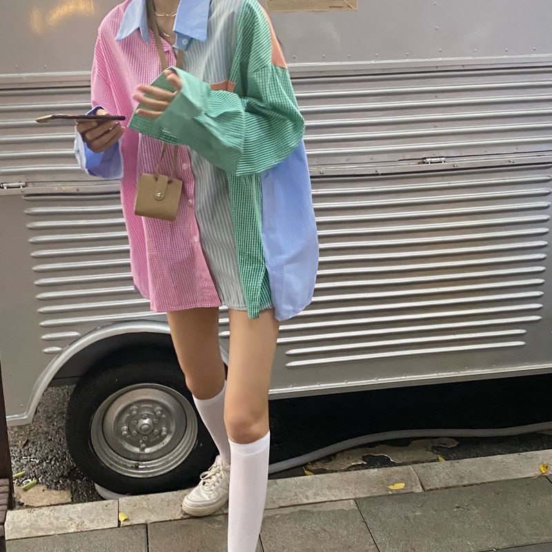 Áo sơ mi tay dài phối màu tương phản phong cách Hàn Quốc dành cho nữ