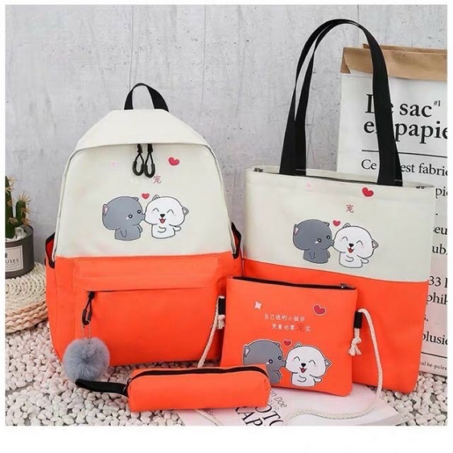 Combo 4 Món Balo Thời Trang Đi Học Đi Chơi Sét 2 Chú Chó