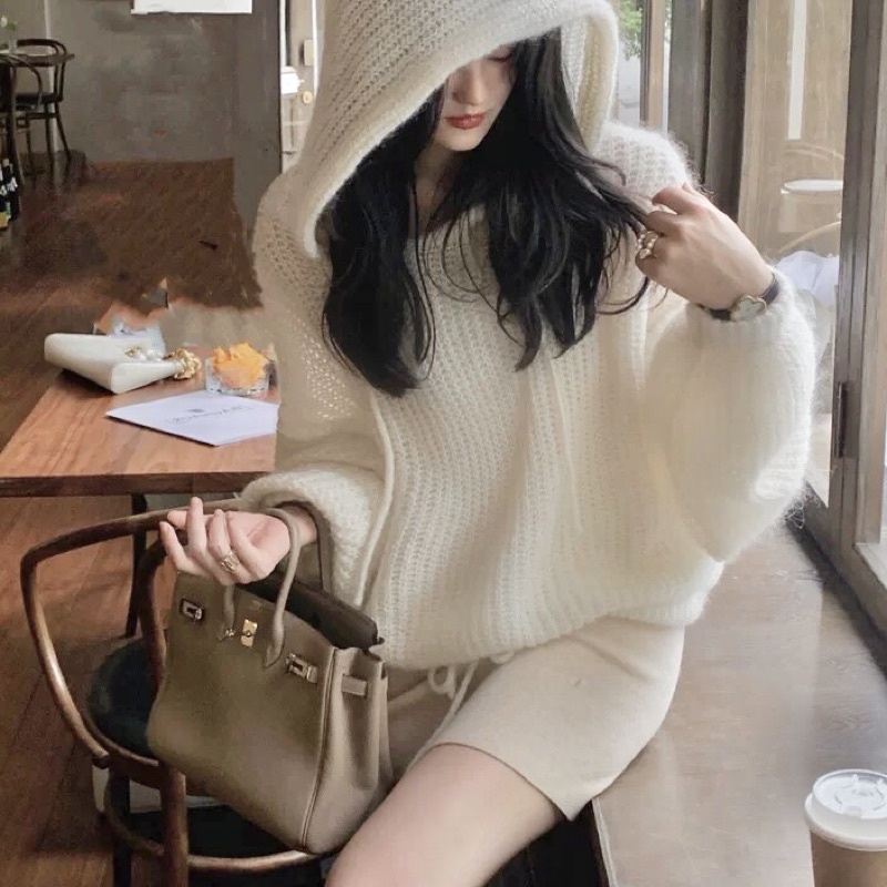 hoodie len lông thỏ trắng croptop form rộng tiểu thư-sẵn