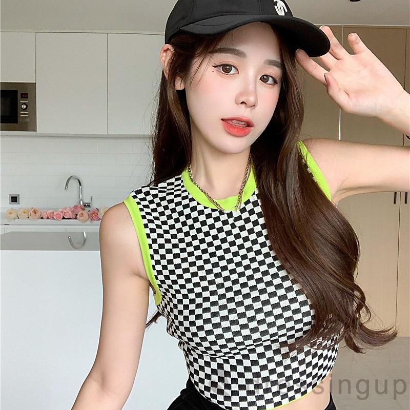 Áo croptop không tay cổ tròn họa tiết kẻ ô dành cho nữ