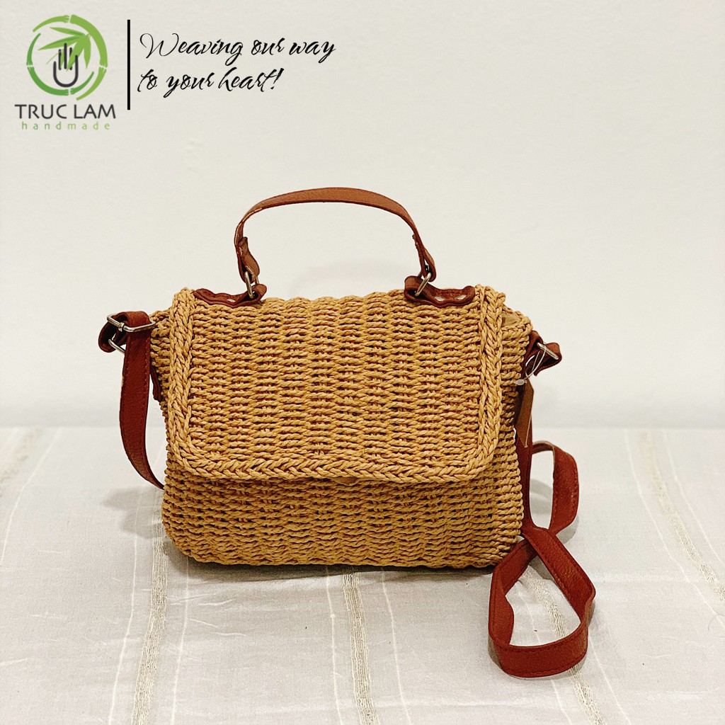Túi Cói Đeo Chéo Thời Trang Nữ Màu Trơn Quai Da – Trúc Lâm Handmade