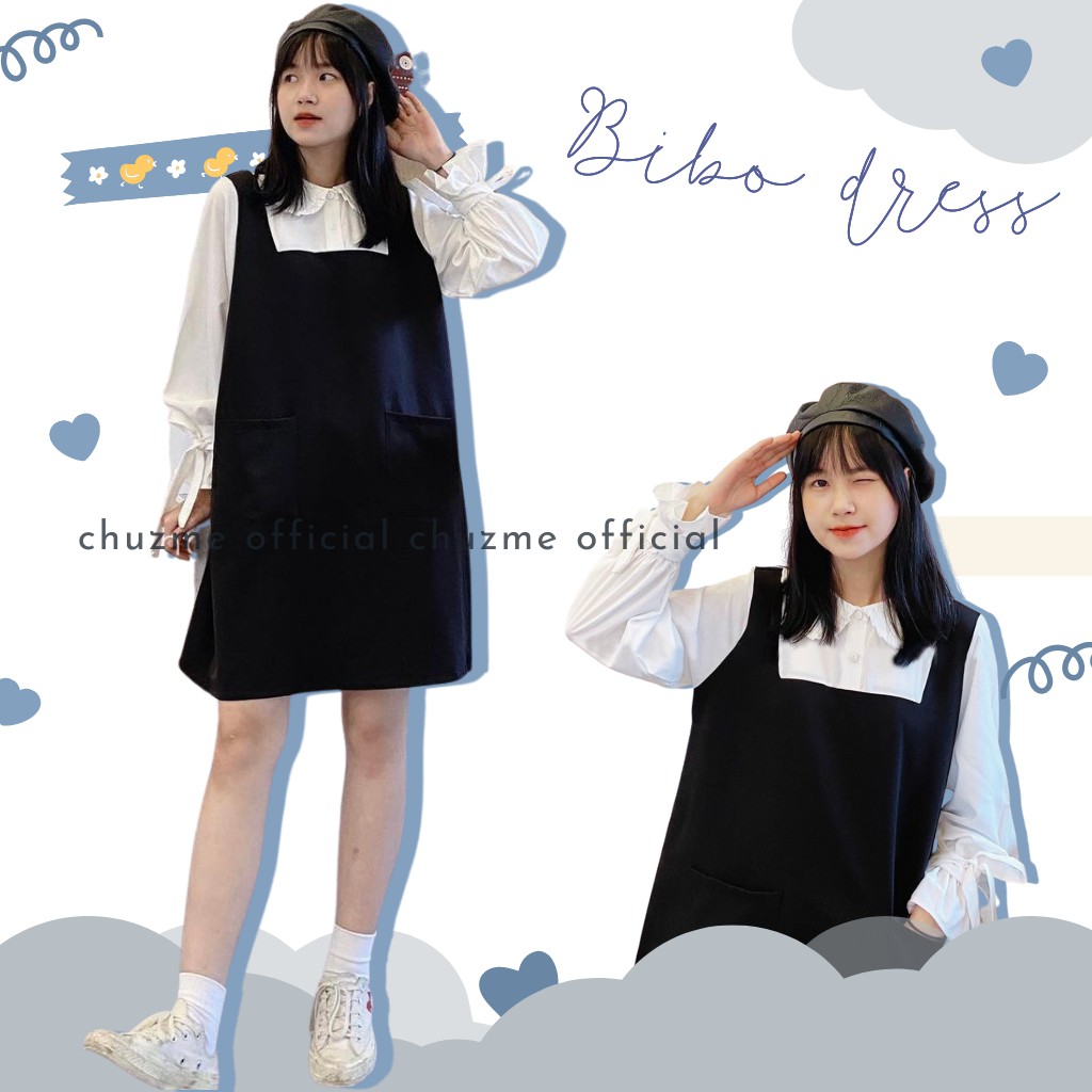 Đầm chữ A tay pha màu trắng - Váy Yếm Thiết Kế Tay Nơ Hàn Quốc