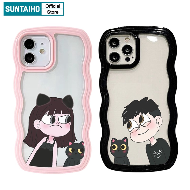 SUNTAIHO Ốp lưng iphone Ốp điện thoại mềm trong suốt in hình mèo có viền sóng thích hợp cho iPhone 11 12 13 Pro Max X XR XS 7 8