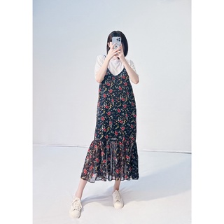Đầm 2 dây suông voan đuôi cá hoa đỏ