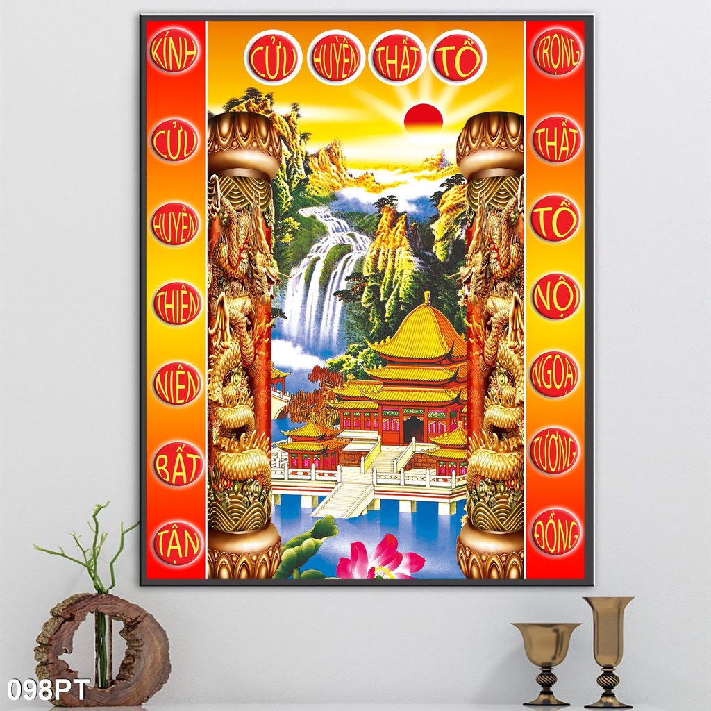 Tranh Dán Tường 3D Cửu Huyền Thất Tổ Vải Lụa 3D Cao Cấp