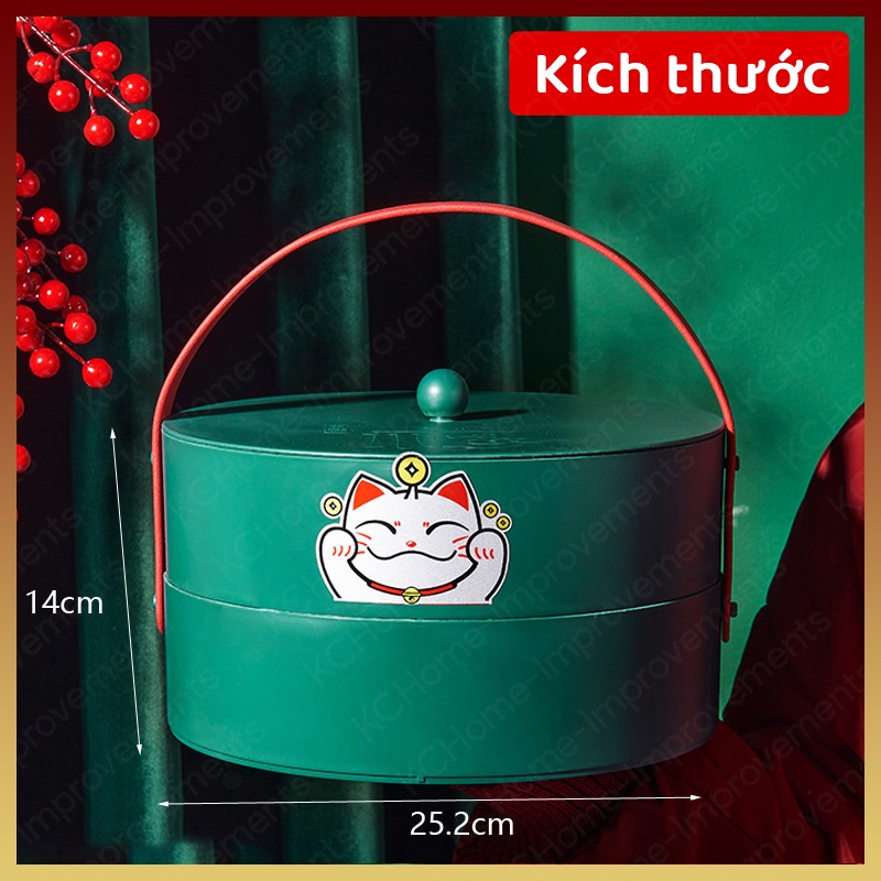 Khay Mứt Tết Đựng Bánh Kẹo 2 Tầng, Mèo Thần Tài May Mắn, Có Quai Tiện Lợi, KC Home