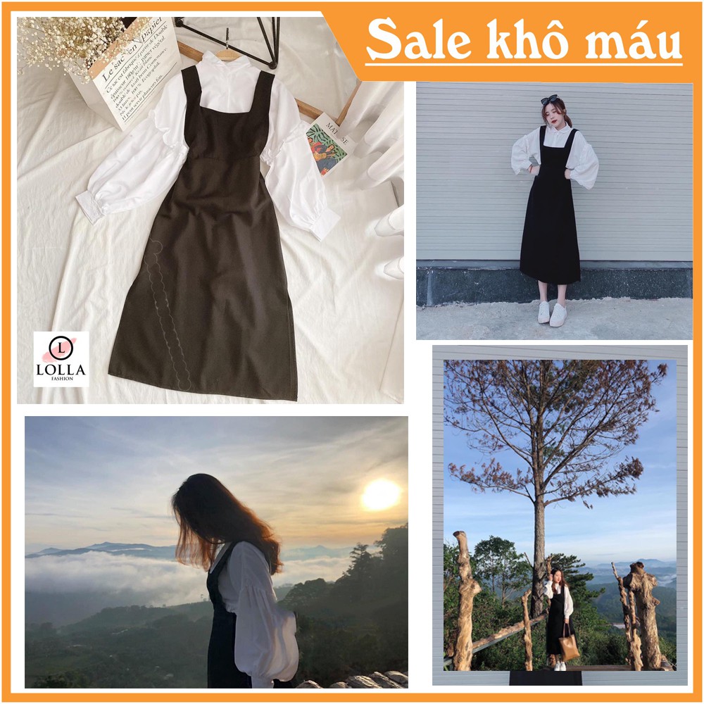 Sét váy yếm tiểu thư mix áo sơ mi tay bồng siêu xinh