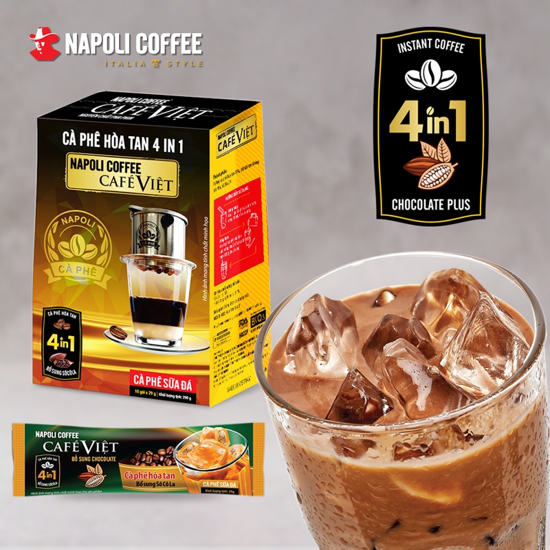 Cà Phê Hoà Tan Sữa Đá 4IN1 BỔ SUNG SOCOLA Napoli Coffee 29g/gói - Cà Phê SẠCH, Cà Phê Arabica/Robusta