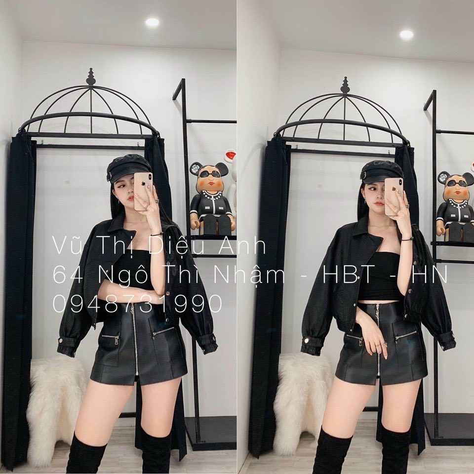 Áo khoác da bomber túi trước, áo khoác da nữ phong cách cá tính trẻ trung năng động