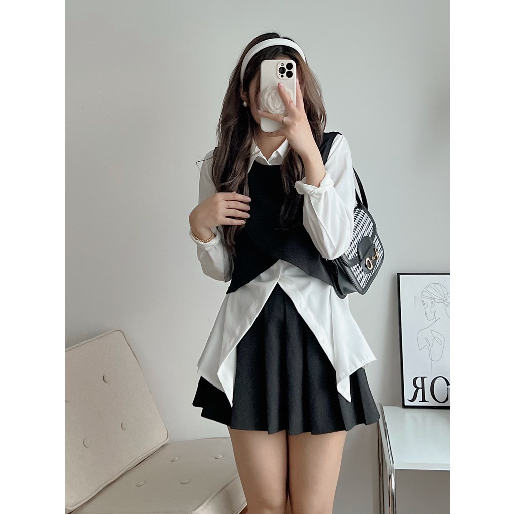 Set áo sơ mi 2 món mix áo gile, set áo sơ mi mix gile kiểu