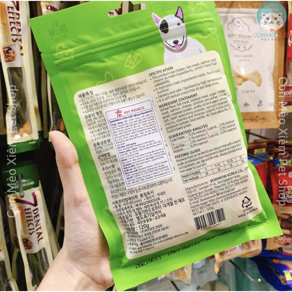 Snack cho chó sandwich Bow wow hỗn hợp 120g, thức ăn cho chó vặt huấn luyện cún Con Mèo Xiêm