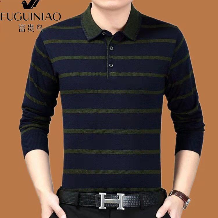 ♛̅Fuguiniao Áo thun cotton dài tay cổ bẻ màu trơn cỡ lớn thời trang xuân thu cho nam trung niên