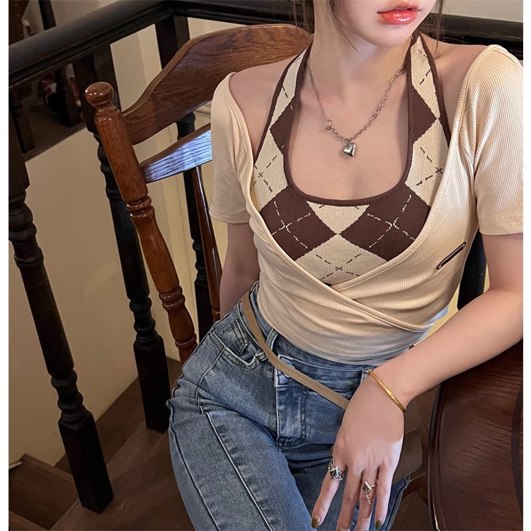 COZOK Set Áo Thun Tay Ngắn + Áo Hai Dây Đan Chéo Thời Trang Dành Cho Nữ