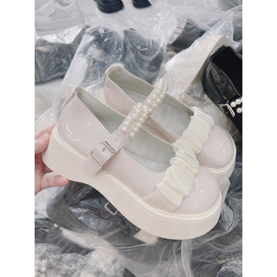 Giày Lolita Tiểu hư Học Đường Cài Ngọc Gắn Nơ Cosplay, giày búp bê nữ phong cách hàn quốc Vintage