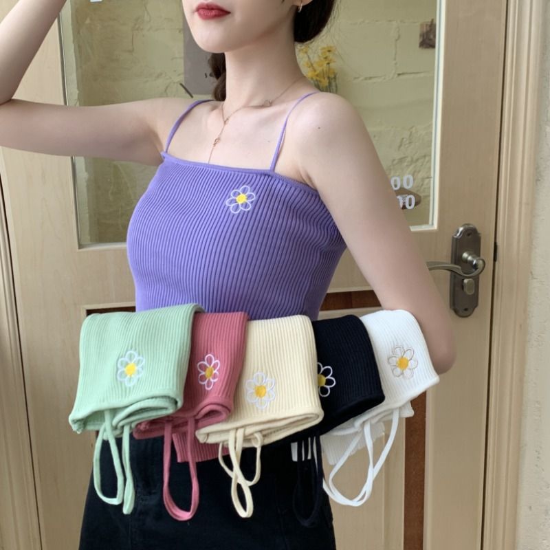 Áo Hai Dây Dệt Kim Mỏng Thêu Hoa Xinh Xắn Thời Trang Mùa Hè Cho Nữ