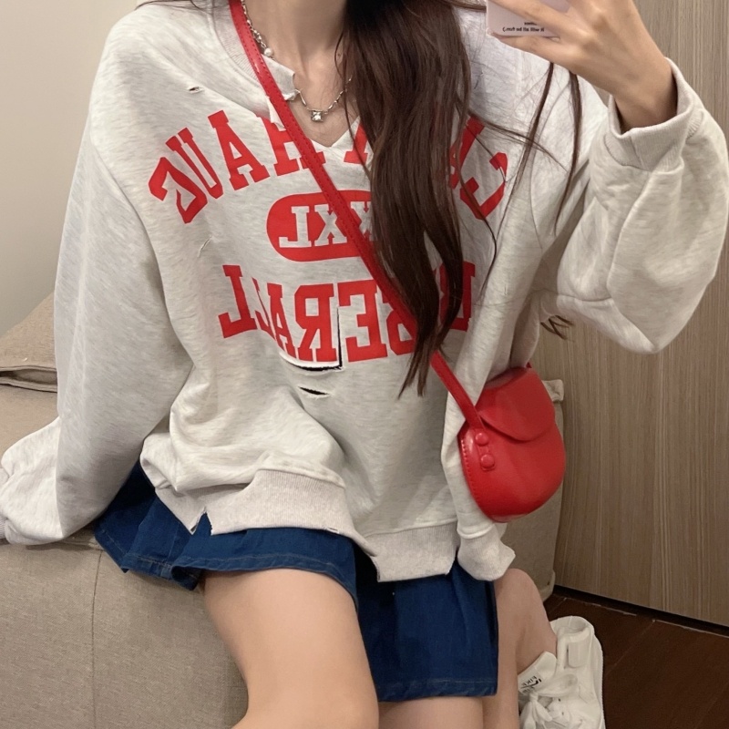 ZHELIHANGFEI Áo Thun Tay Dài Dáng Rộng Thiết Kế Rách Cá Tính Hợp Thời Trang