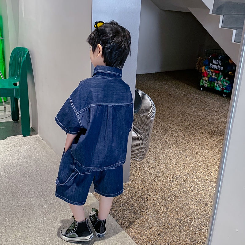 Bộ Áo Sơ Mi Ngắn Tay + Quần Đùi Denim Phong Cách Hàn Quốc Thời Trang Mùa Hè Mới Cho Bé Trai