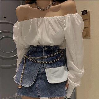 Set áo trễ vai dài tay và chân váy denim ngọt ngào cho nữ