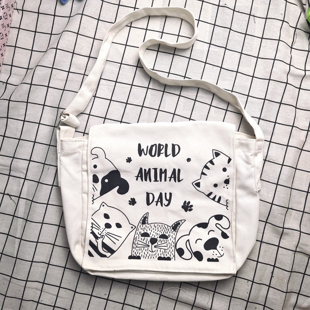 Túi đeo chéo nữ cao cấp WORLD ANIMAL DAY chất vải canvas phong cách UNISEX đi học đi chơi đều đẹp.