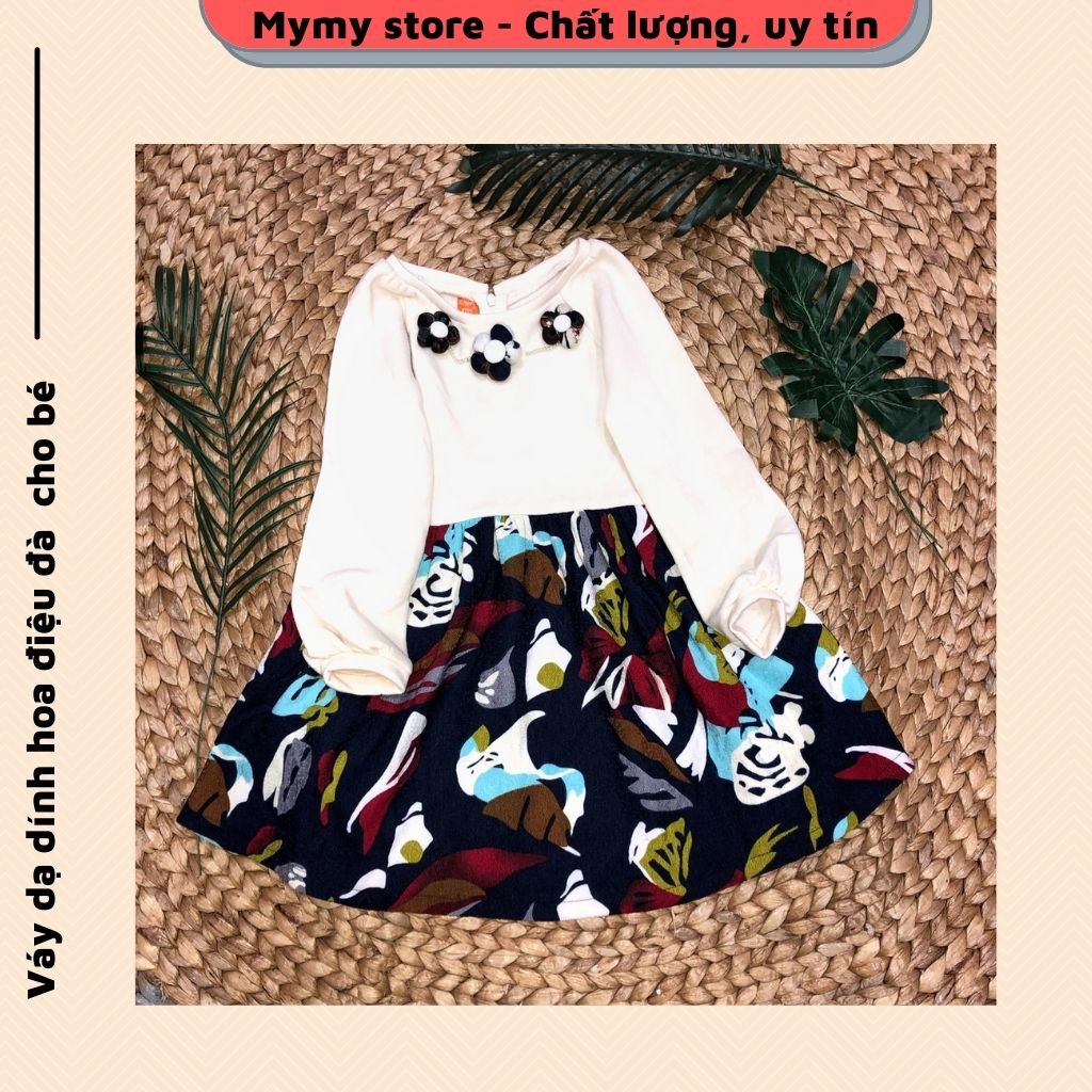 Váy thu đông bé gái, váy đầm dạ xòe cổ đính hoa tay bồng điệu đà cho bé