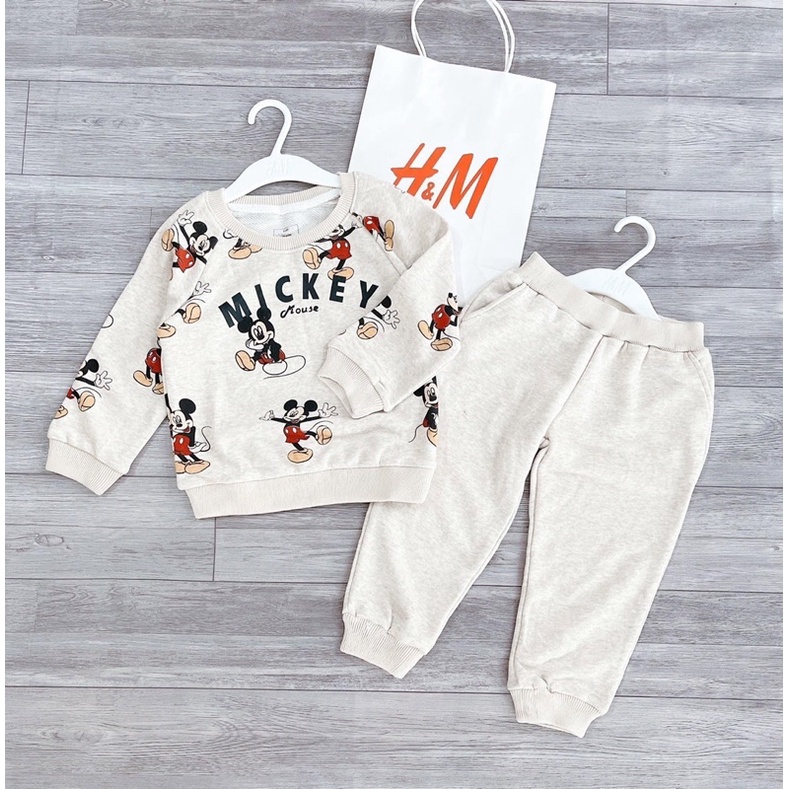 Bộ nỉ da cá Mickey bé trai bé gái, set thu đông dài tay cổ tròn chui đầu màu xám trẻ em chất mềm mịn bo gấu tay chân ấm