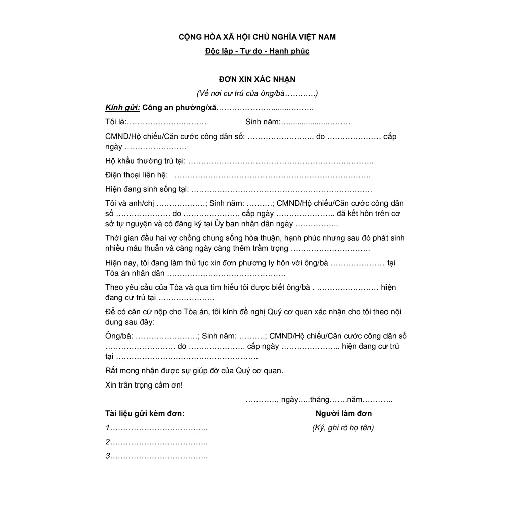 Mẫu đơn xin xác nhận nơi cư trú khi ly hôn chuẩn mới nhất