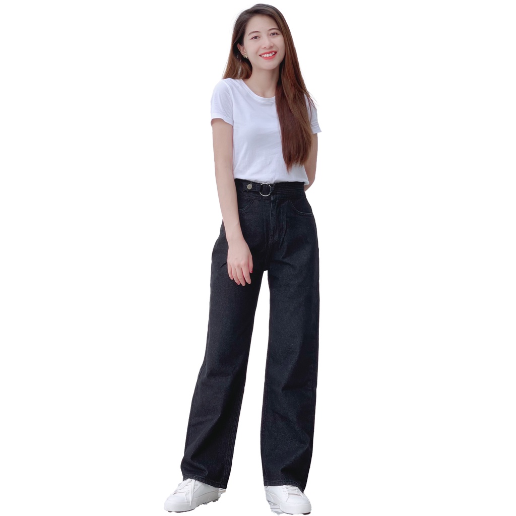 Quần jeans nữ dài ống rộng có túi phối khuyên tròn trẻ trung 4YOUNG QJ5