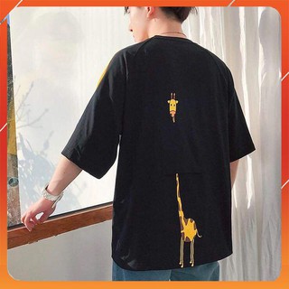 Áo thun tay lỡ cotton túi hươu đen/đỏ cam