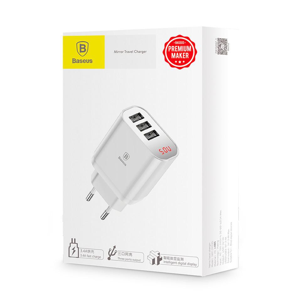 Củ sạc nhanh 3 cổng sạc USB mặt gương hiển thị thông số kỹ thuật thông minh hãng Baseus