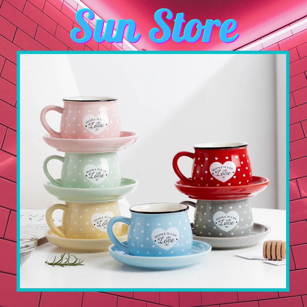 Cốc sứ cốc cafe HomeMade with Love kèm đĩa 200ml, họa tiết dễ thương, làm quà tặng, decor góc làm việc - SunStoreVN