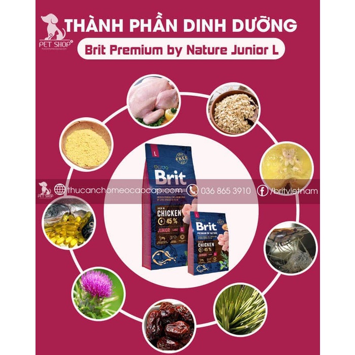 [15KG} Thức Ăn Cho Chó Phú Quốc 1-24 Tháng - Brit Premium By Nature Junior L Vị Thịt Gà