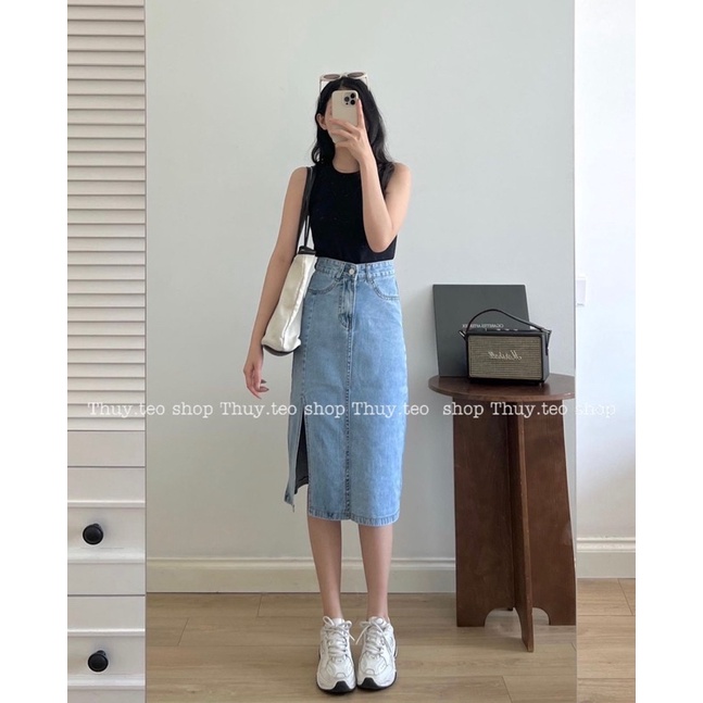 [Hàng mới] CHÂN VÁY JEAN DÀI XẺ ĐÙI CHÂN VÁY BÒ DÀY ĐẸP