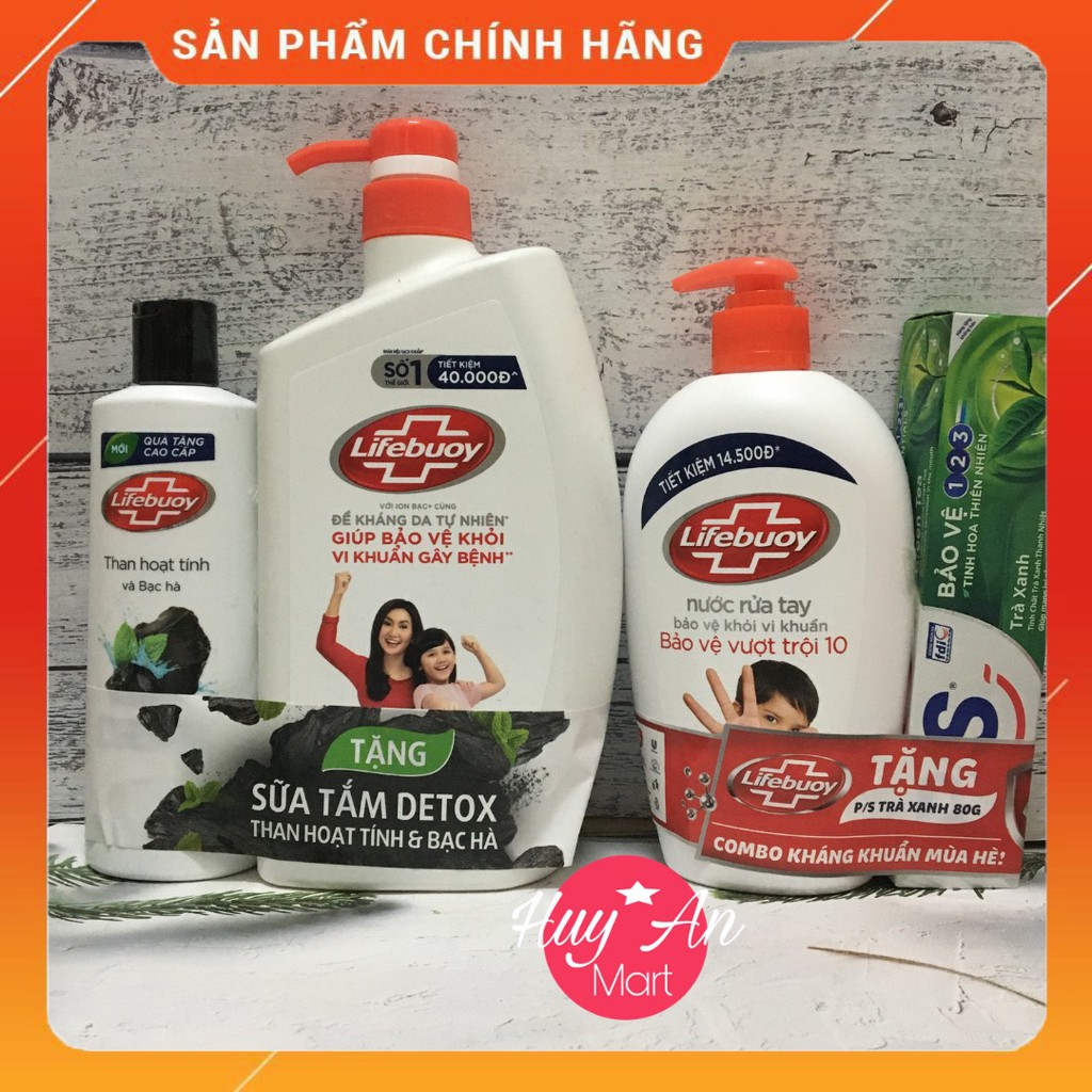 Sữa tắm lifebuoy 850gr BẢO VỆ VƯỢT TRỘI tặng kèm SỮA TẮM THAN HOẠT TÍNH VÀ BẠC HÀ 196ml/ tặng kem đánh răng PS trà xanh