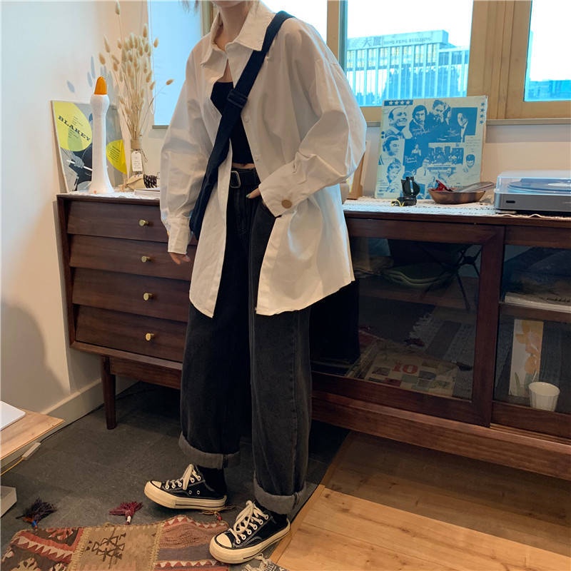 Áo Sơ Mi Tay Dài Dáng Rộng Phong Cách Retro Hàn Quốc Cho Nữ