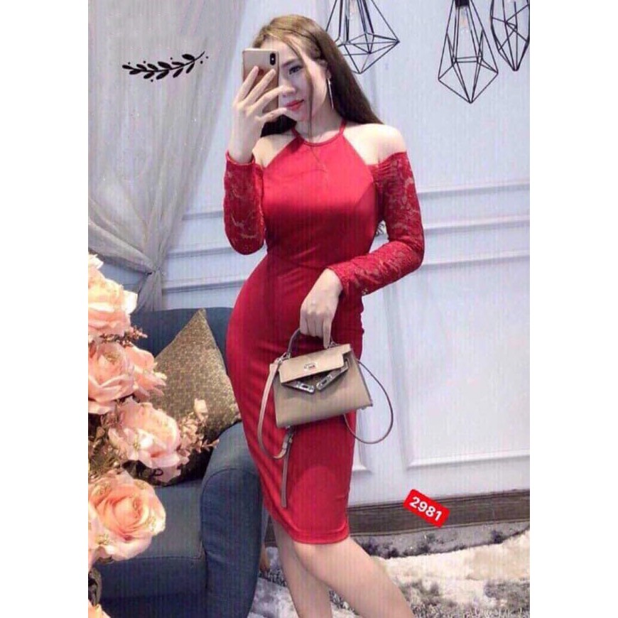 Đầm Body Cổ Yếm Cát Hàn Phối Ren