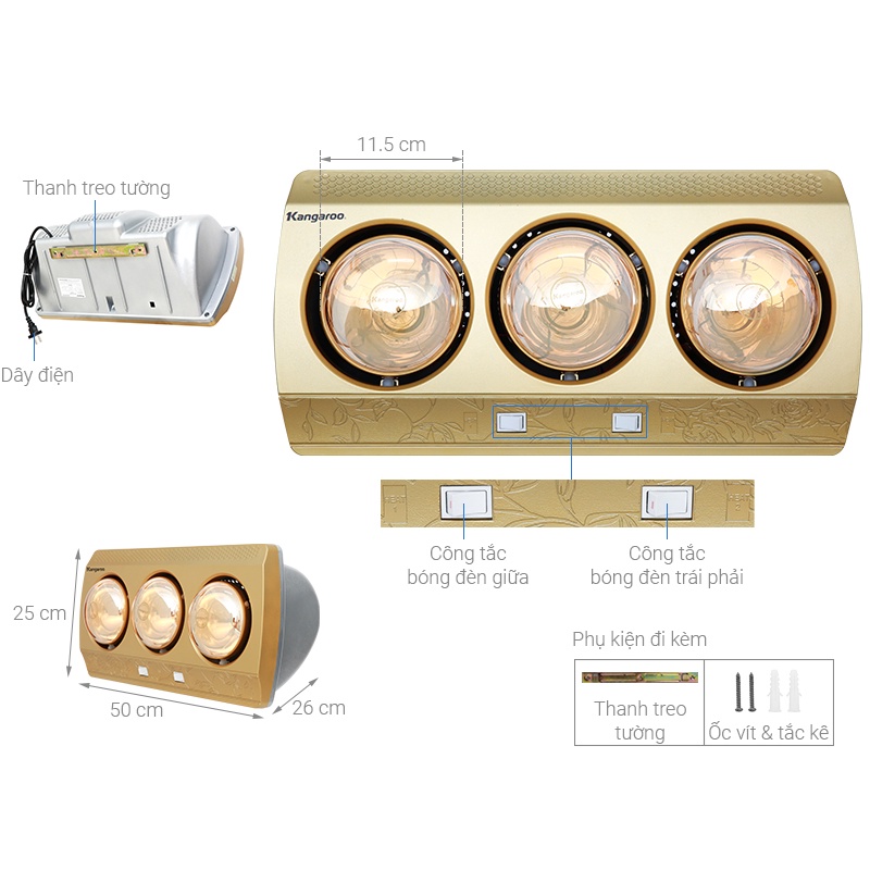 Đèn sưởi Kangaroo treo tường 3 bóng KG3BH01 - Bảo hành điện tử chính hãng