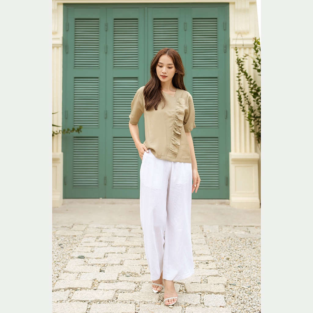 Áo kiểu nữ công sở dáng phom rộng suông thiết kế thời trang Eden tay ngắn cổ vuông cách điệu phối bèo - ASM181