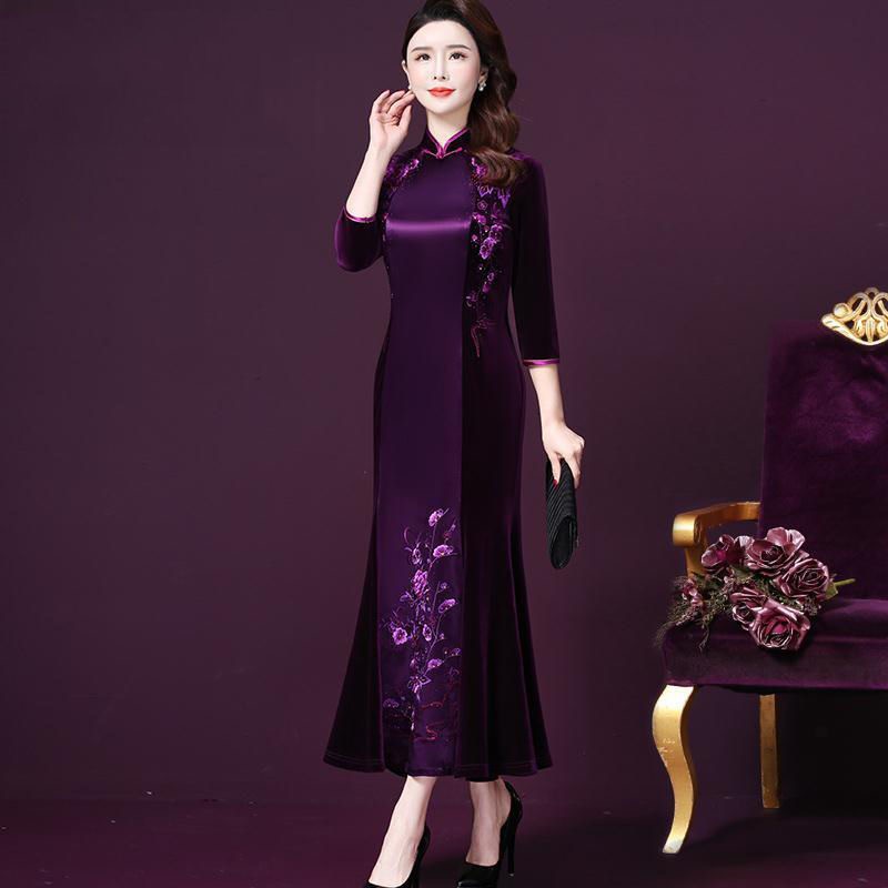 Đầm Sườn Xám Cách Tân Dáng Dài Chất Liệu Nhung Cao Cấp Thời Trang Mùa Thu Cho Nữ Trung Niên 40 Tuổi