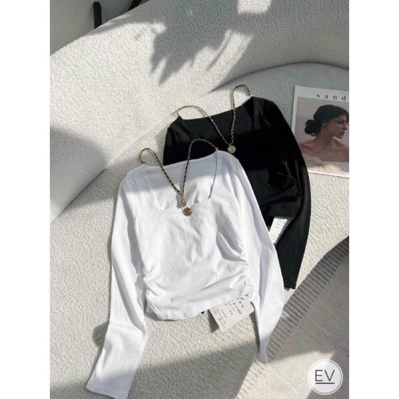 Áo thun cổ vuông dây xích tay dài vải cotton 100%