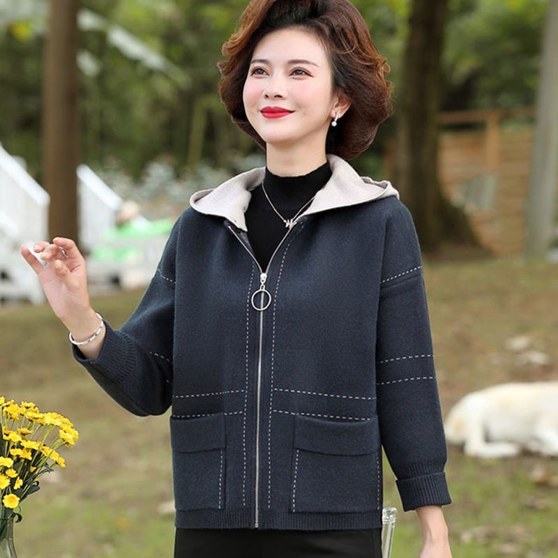 Áo khoác mẹ trung niên nữ dày và người già len thu đông đan