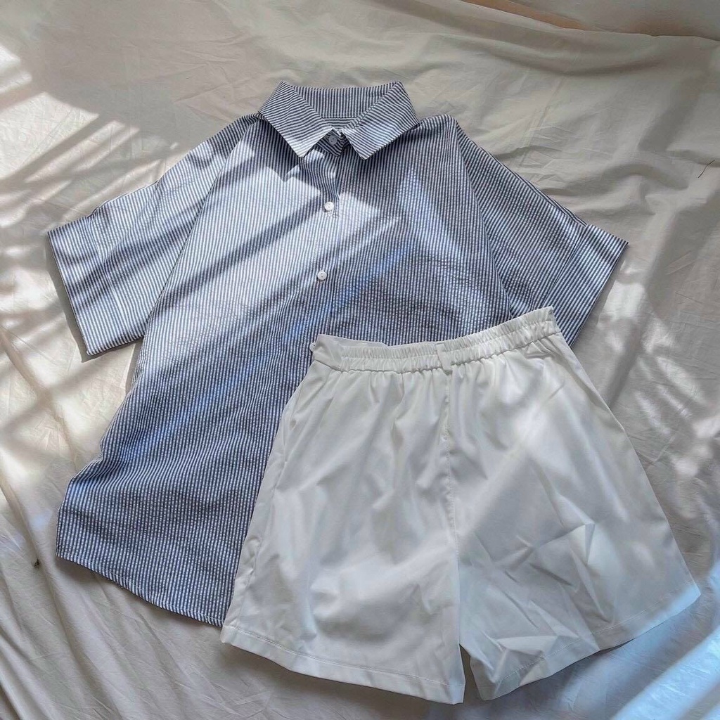Set Bộ Sơ Mi Kẻ Sọc Ngắn Tay Nữ MEESTORE - Quần Sooc Trắng Sơ Mi Vạt Chéo Dáng Rộng Hàn Quốc